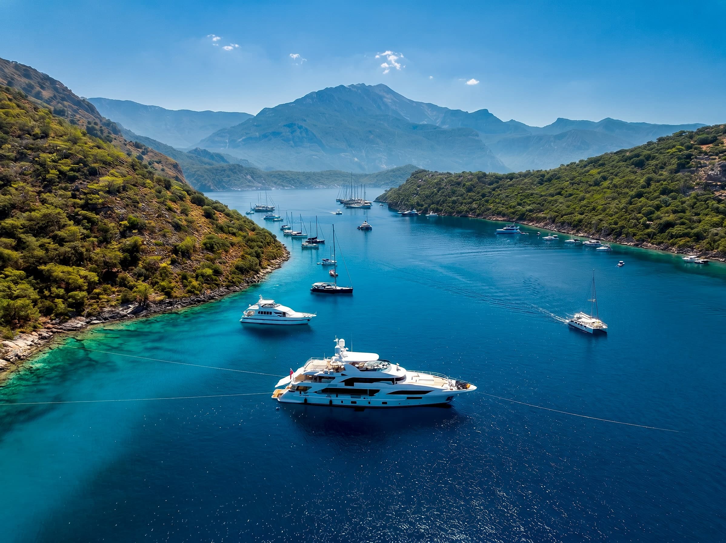 Fethiye körfezinde gün batımında seyreden motoryat