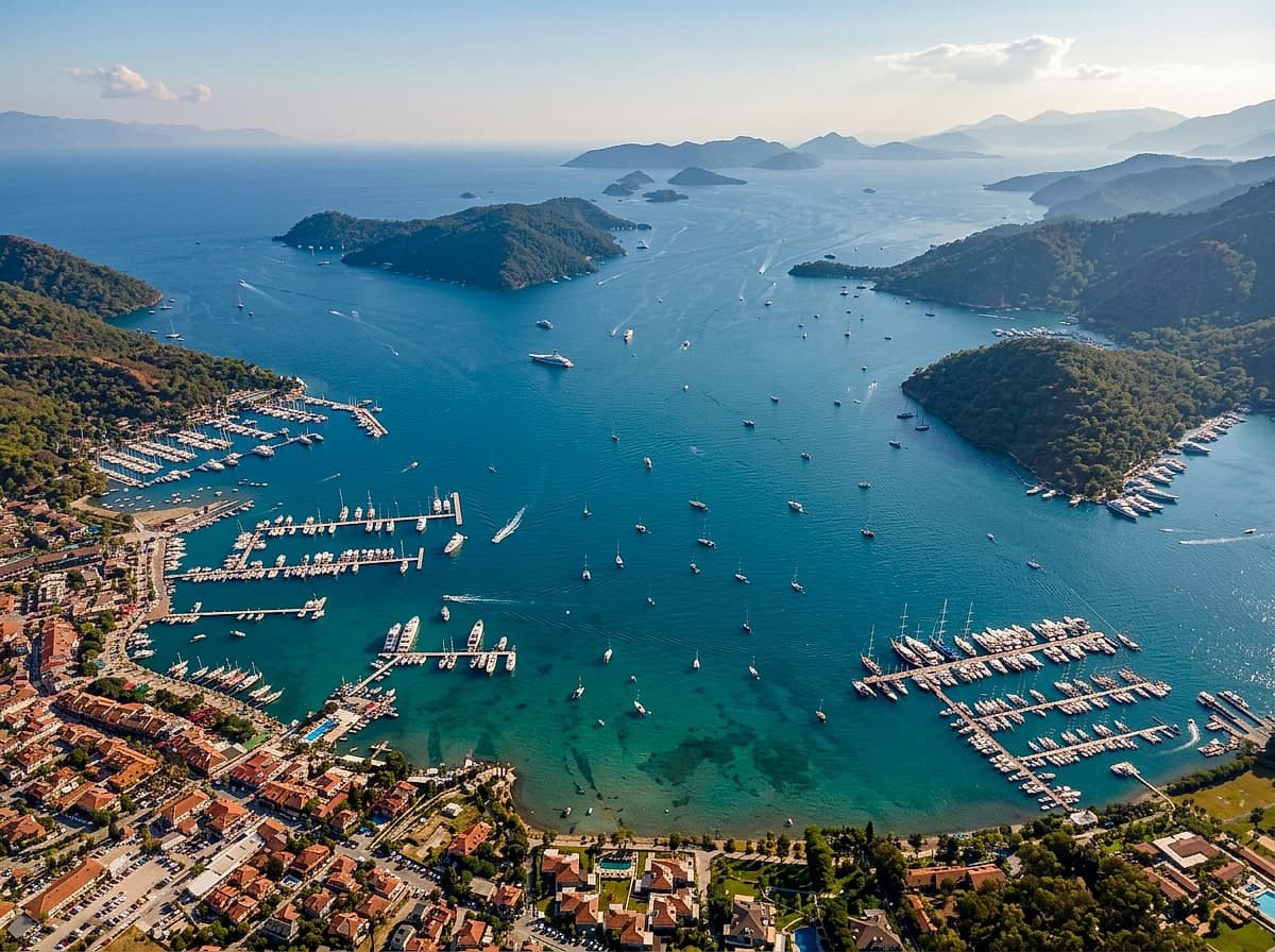 Göcek koylarında sabah saatlerinde demirlemiş yat